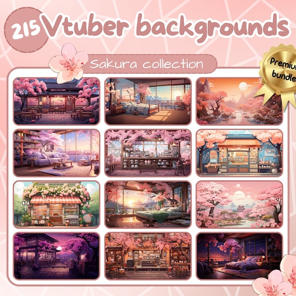 Vtuber Sakura backgrounds bundle. 215 Twitch backgrounds, animated and static. Japanese cherry blossom stream backgrounds.