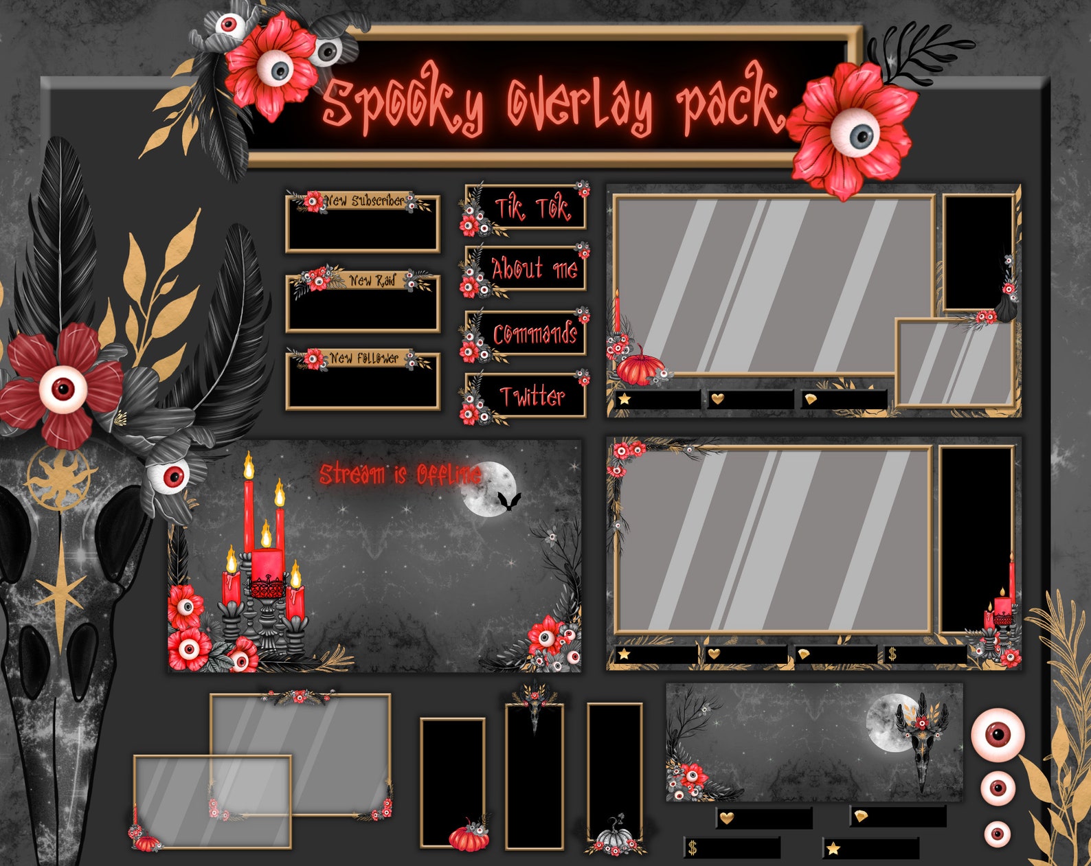 Spooky Twitch Overlay Package, Creepy Stream Package Black & Red ...