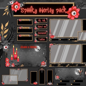 Spooky Twitch overlay package, Creepy stream package black & red. Halloween Twitch overlay.