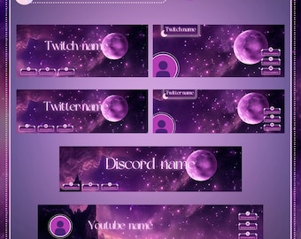 Twitter- och Twitch-banner med Purple Moon. Personlig streambanner, Dark Night-tema. Redigerbar Canva-mall för Youtube och Discord.