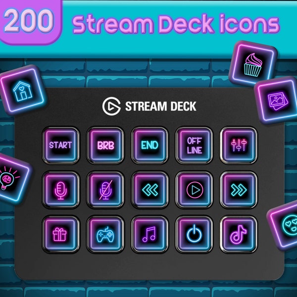 Neon Stream Deck pictogrammen ingesteld + screensavers. 200 Neon Icon Pack voor Elgato Streamdeck.
