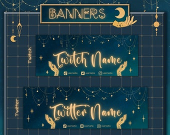 Celestial Twitter- och Twitch-banner. Personlig streambanner med gulddetaljer.