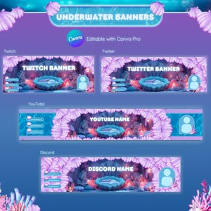 Underwater Twitch banner. Sea Twitter header. Ocean profile banner, mermaid bedroom Vtuber. Youtube and Discord  Canva template.