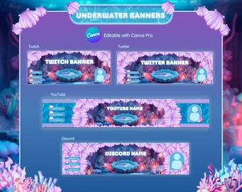 Underwater Twitch banner. Sea Twitter header. Ocean profile banner, mermaid bedroom Vtuber. Youtube and Discord  Canva template.