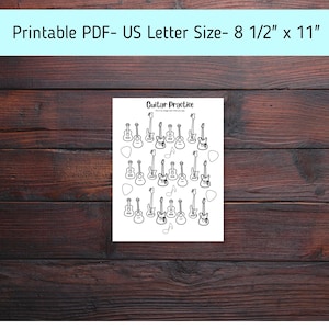 May include: Printable guitar practice sheet in black and white. The sheet features 18 guitar outlines with a pick, music note, and pick on each row. The text "Guitar Practice" is at the top of the sheet.