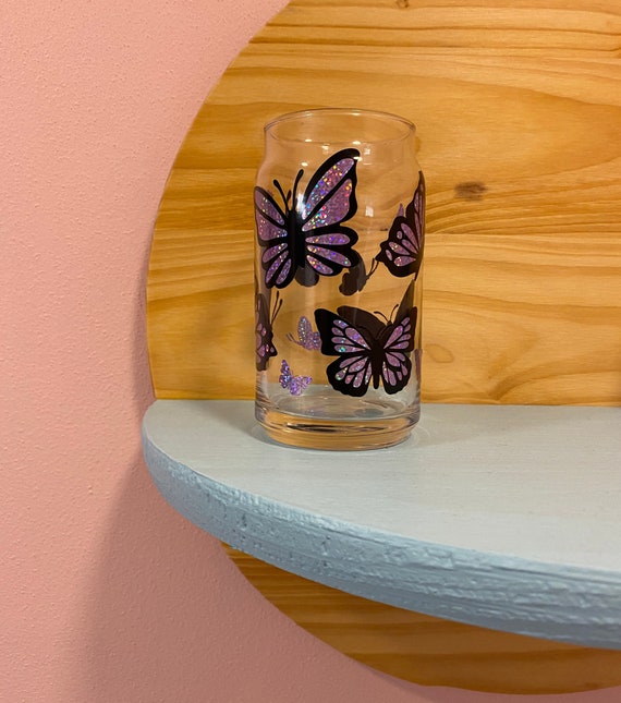 BUTTERFLY glass can cup with bamboo lid & straw | beer glass can cup | iced  coffee glass can cup | soda can glass cup