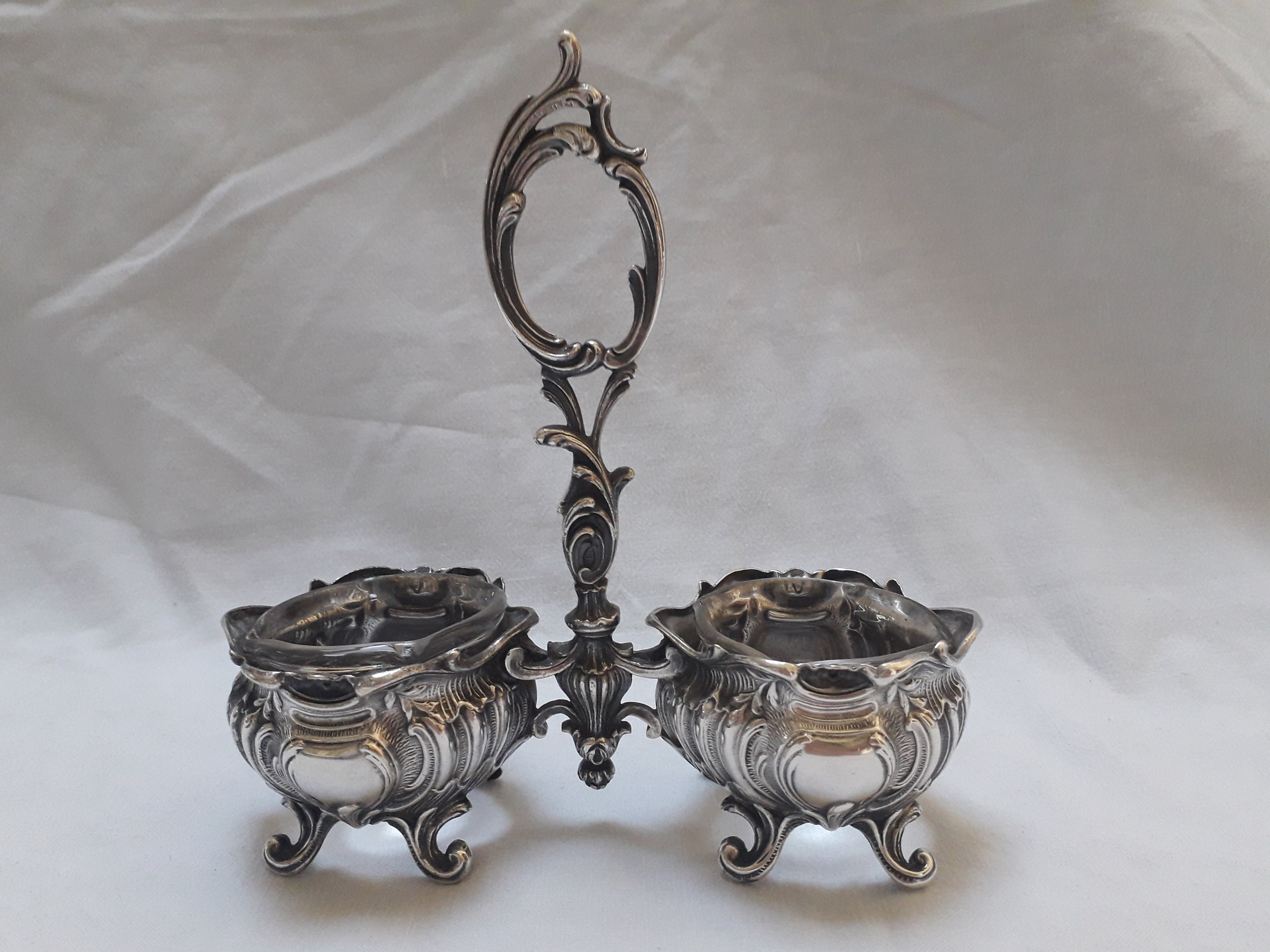 Français Antique Cruet Set Silver Plate Condiment Double Cave à Sel