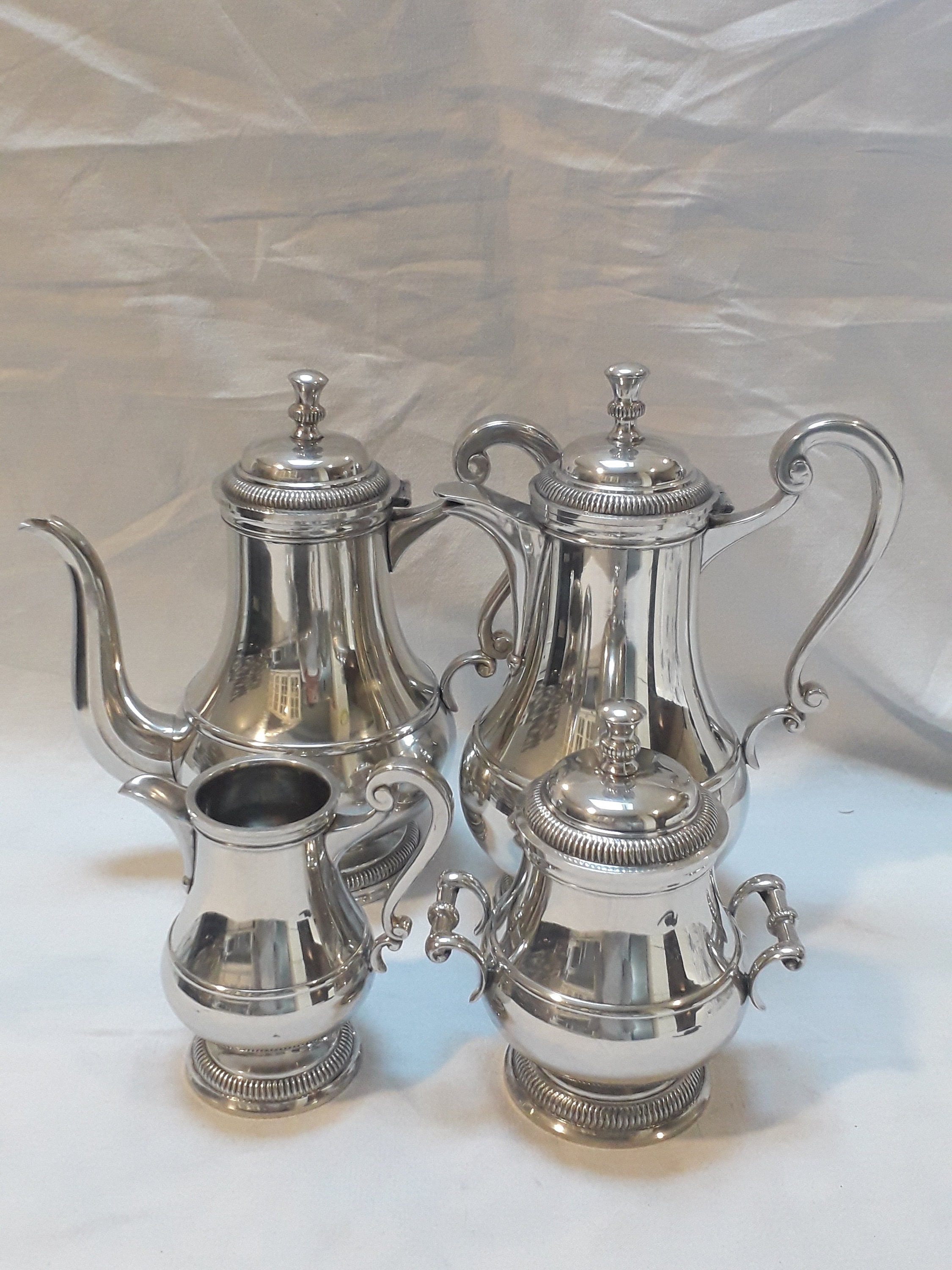 Français Service de Thé Antique et Service Café en Étain Fleur Lys