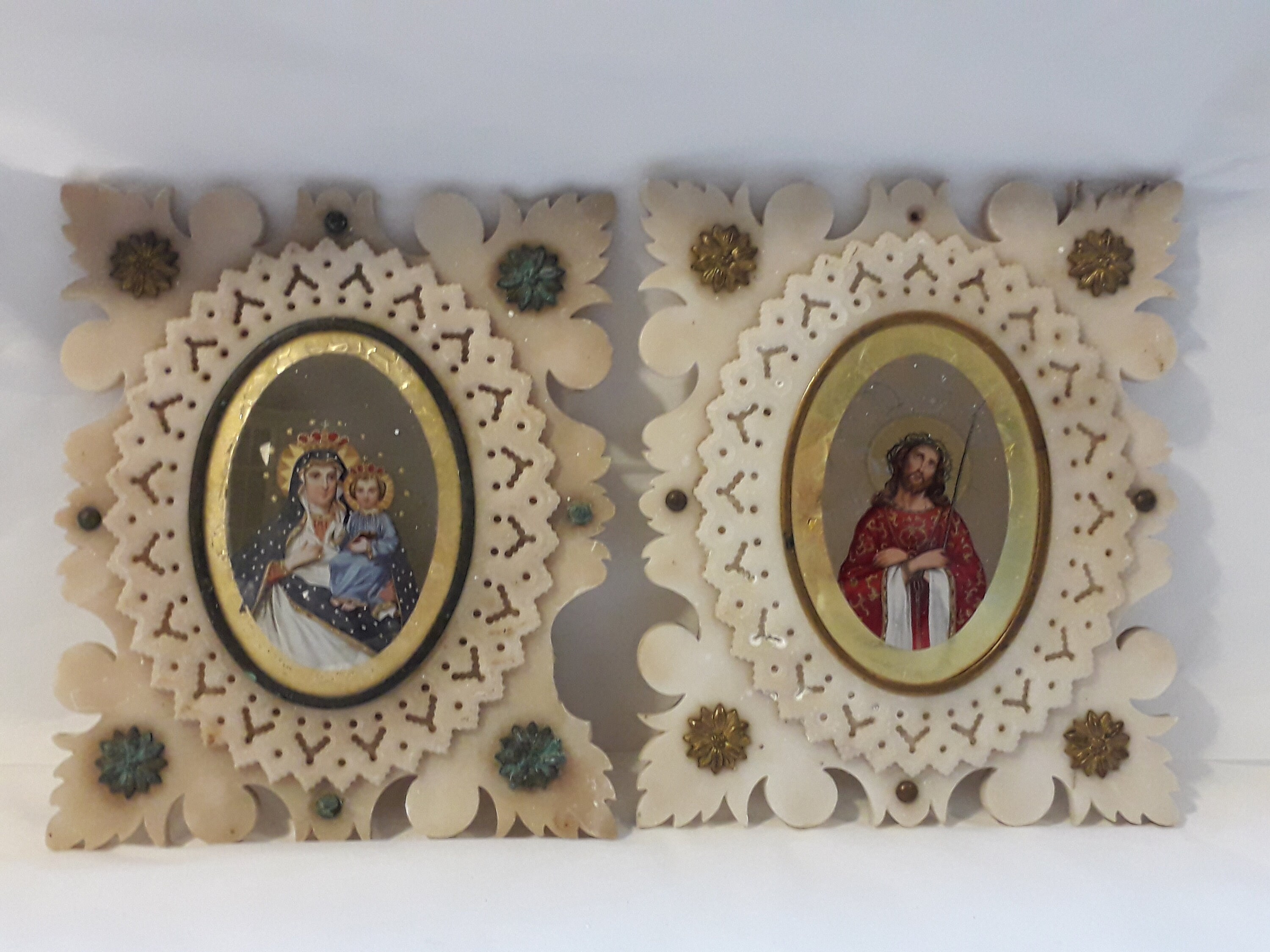 2 Belles Peintures Religieuses Français Antiques Eglomisé/Photos Accrochage Mural Décoration Murale