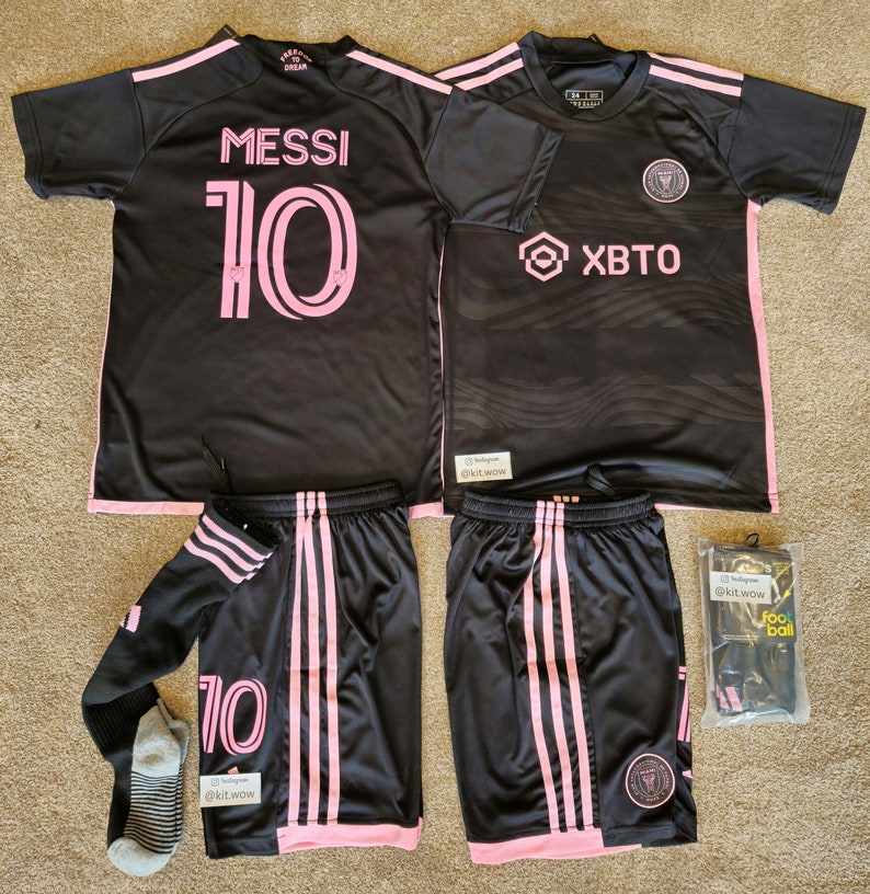 Messi Boys Football Kit With Socks Miami 10 Soccer Jersey Set Fast UK Delivery image 2