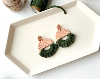 Boho Pink Clay and Green Macrame Dangle Earrings