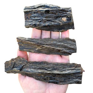 May include: Three pieces of fossilized wood, dark brown in color, with visible grain patterns. The wood is arranged in a stack, with the largest piece at the bottom and the smallest piece at the top.