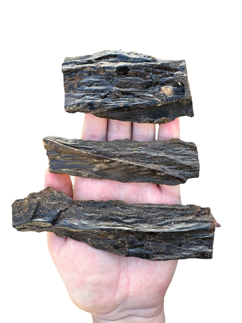 May include: Three pieces of fossilized wood, dark brown in color, with visible grain patterns. The wood is arranged in a stack, with the largest piece at the bottom and the smallest piece at the top.