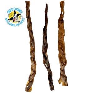 May include: Three braided dog chews in varying shades of brown, with a light background. The chews have a twisted appearance. The image includes a circular logo with a dog and the text "Dried Goodies 100% Natural Dog Treats."