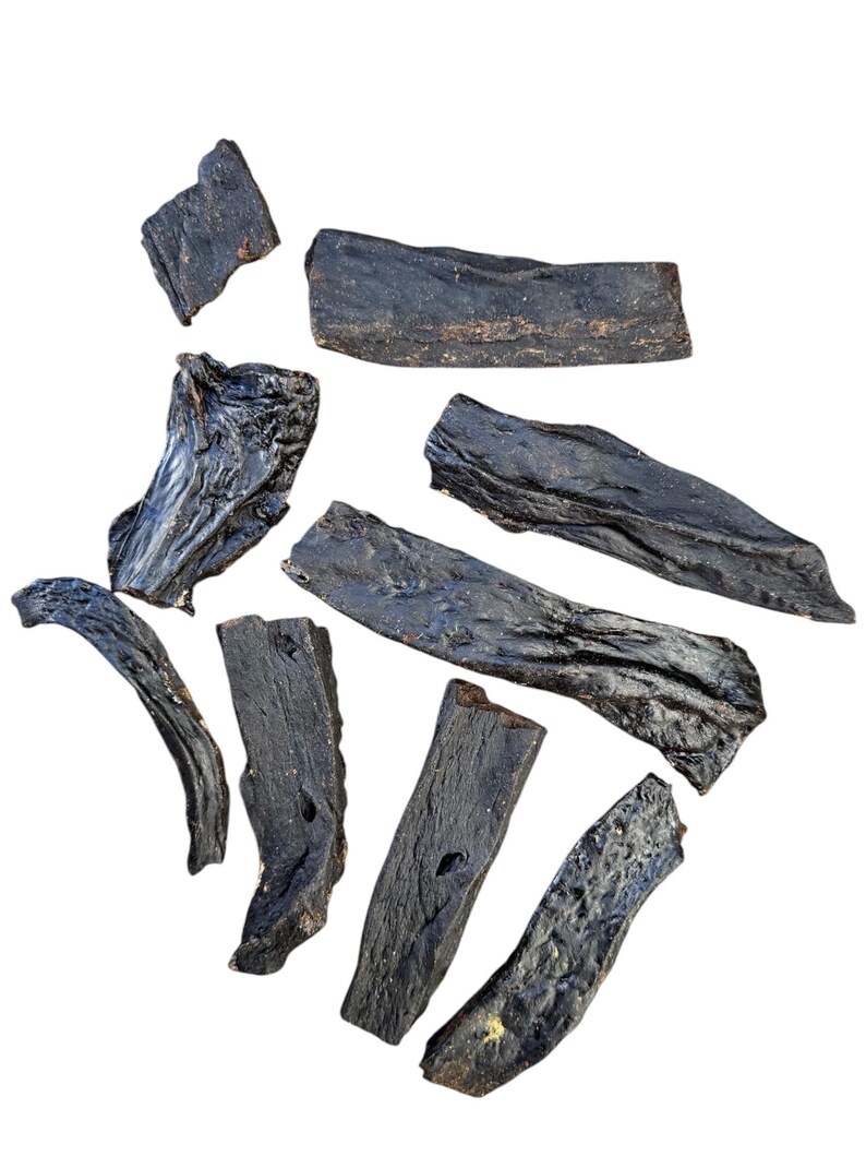 May include: A collection of nine dark brown, dried beef jerky strips, some are curved and some are straight, on a white background.