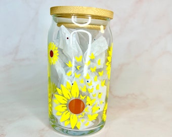 Sunflower and Butterfly glass can 16 oz - Tumbler-beer can glass