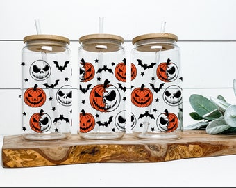Pumpkin Jack can glass - Halloween Iced Coffee Beer glass - spooky season cold cup
