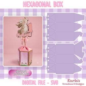 May include: A digital SVG file for a hexagonal box featuring a pink topper with a cartoon bunny, the number one, and the name Montserrat. The design includes a light pink box with floral accents and a flat purple template for assembly.