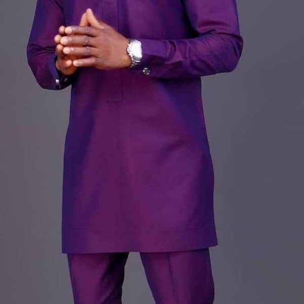 Vêtements Purple Senator pour hommes, vêtements caftan pour hommes, vêtements 2 pièces pour hommes africains, robe de mariée africaine, costume fête d'anniversaire pour hommes