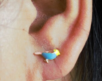 Sterling Silver Bird Stud Earrings: Enamel Animal Jewelry