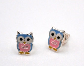 Sterling Silver Enamel Owl Stud Earrings: Gift for Children