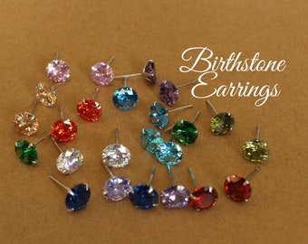 Birthstone Zircon Stud Earrings, 8mm 925 Sterling Silver Earrings, Birthday Gift, Month Birthstone, Birthday Earrings, Earrings for Her