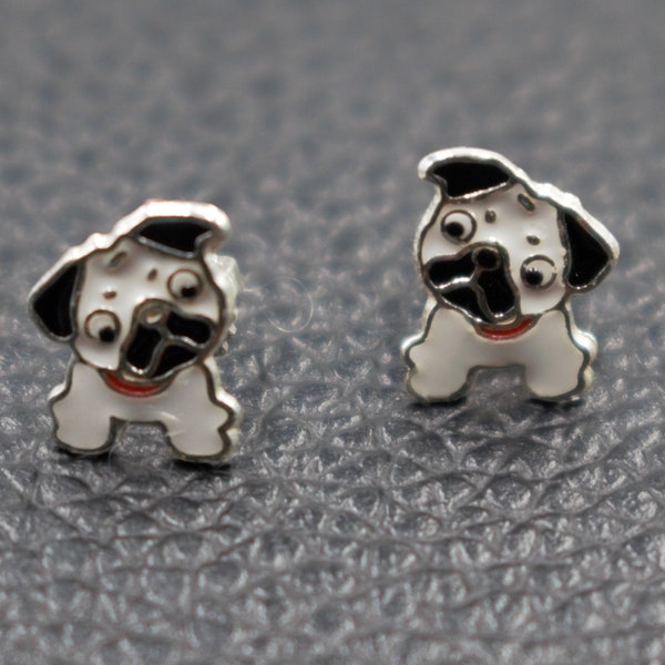 Pug Dog Earrings, 925 Sterling Silver Pug Dog Stud Earrings, Bulldog Earrings, Kids Silver Earrings, Gift for Girls