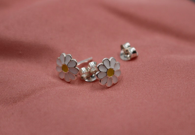 Daisy Flower Stud Earrings, 925 Sterling Silver Stud Earrings, Enamel Stud Earrings, Flower Earrings, Children Earrings image 4