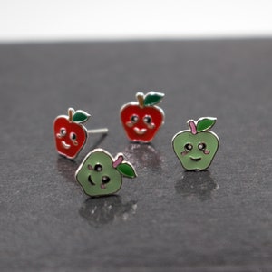 Pendientes de tachuela de manzana, 925 pendientes de fruta de plata de ley, regalo para mujeres, niñas, pendientes de tachuelas de frutas, pendientes para niños, pendientes para niños