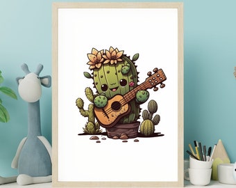 Cactus tocando ukelele arte imprimible, lindo cactus impresión descarga instantánea, regalo de decoración de ukelele, cartel de pared de guardería de habitación para niños DESCARGA DIGITAL