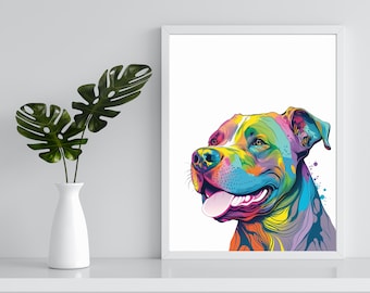 Arte imprimible en acuarela de un pitbull feliz, impresión de pitbull para descargar al instante, regalo decorativo para perros, arte mural de animales, póster colorido, descarga digital