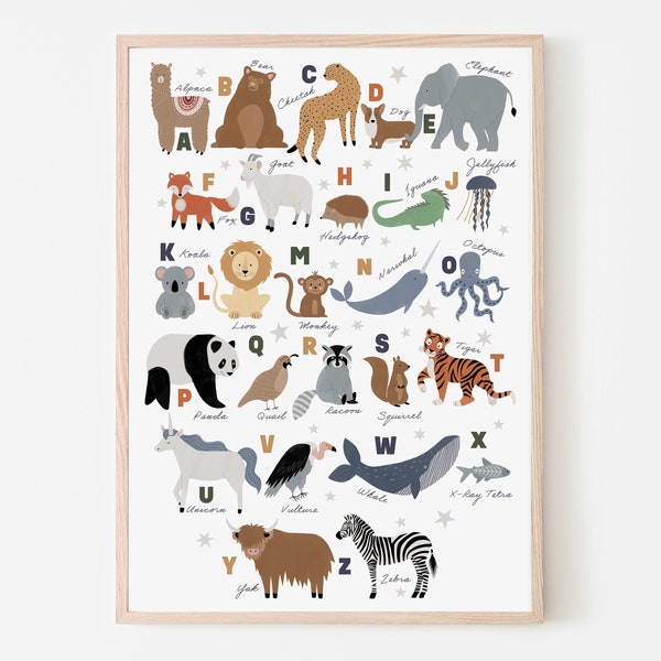 Animal Alphabet, Nursery Wall Art, Nursery Decor, Educational Nursery Print, Scandi Prints, Kids Room Art, Playroom Prints, Baby Shower Gift