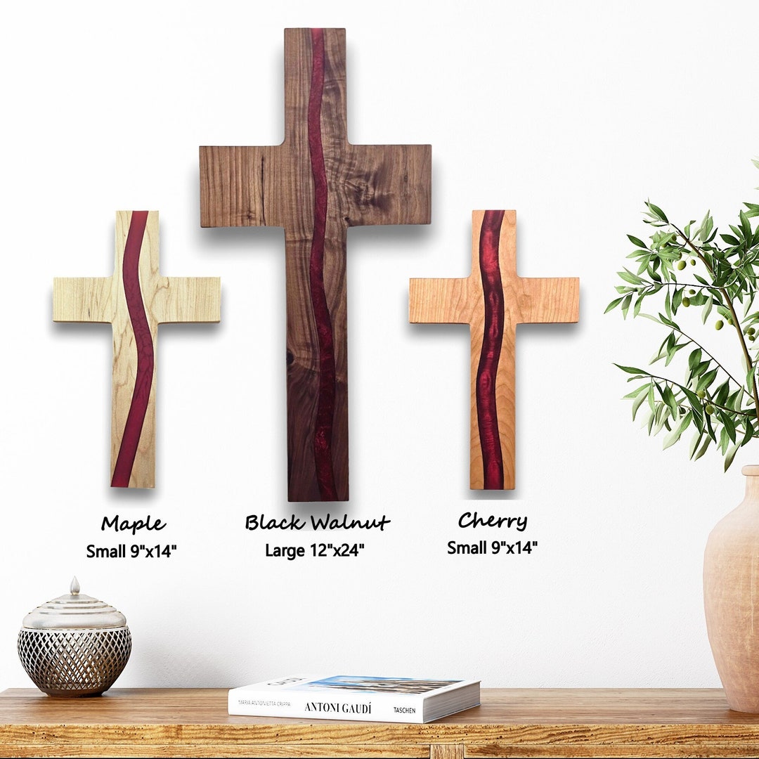 Red Rustic Wood Cross Wall Hanging Wood Christian Wall Art Wooden