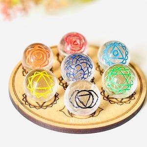Crystal Dowsing Set: Seven Chakra Symbol Engraved Gemstones