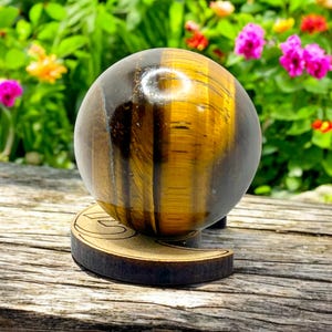 Tiger Eye Crystal Ball with Om Moon Wooden Stand (1.5&quot; Sphere)
