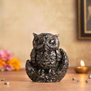 May include: A detailed, dark grey owl figurine with large, expressive eyes. The owl is perched on a textured base, showcasing intricate feather detailing. The sculpture is a decorative item, likely for home decor.