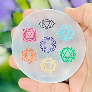 7 Chakra Engraved Selenite Charging Plate -Energetic Protection-Remove Negative Energy-Purification-Balance-Cleansing-Pooja-Reiki Healing