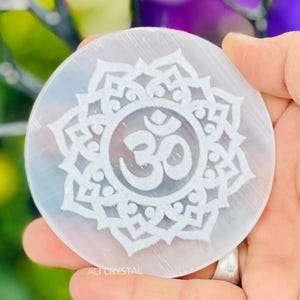 OM Engraved Selenite Charging Plate -Energetic Protection-Remove Negative Energy-Purification-Balance-Cleansing-Pooja-Reiki Healing Stone