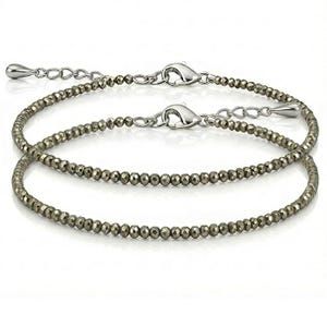 May include: Two beaded bracelets with small, round, gray beads. The bracelets have silver-colored clasps and adjustable chains. The beads have a metallic sheen, and the bracelets are displayed on a white background.
