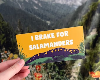 Puede incluir: Una pegatina rectangular con el texto "I Brake for Salamanders" en blanco sobre un fondo amarillo. Una ilustración de salamandra morada y amarilla está debajo del texto. La pegatina se sostiene frente a un fondo borroso de una escena de montaña.