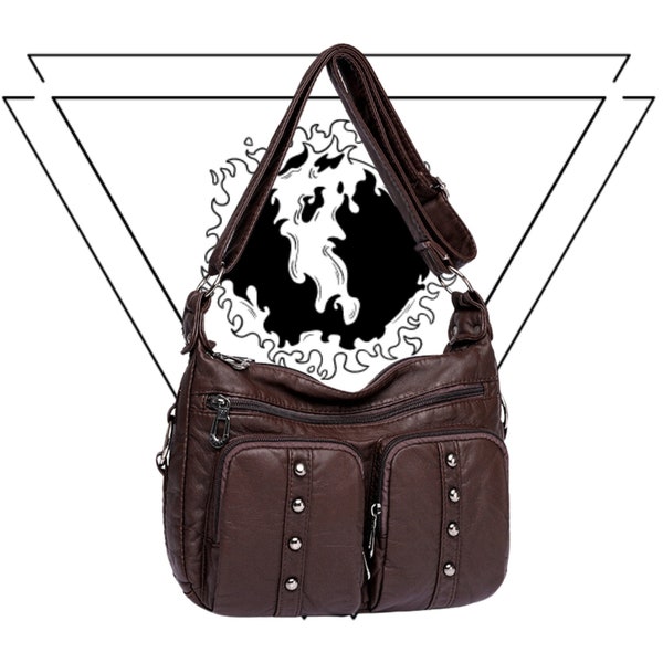 Chic Crossbody Retro Bag Vegan Leather Shoulder Bucket Handbag with Exterior Pockets