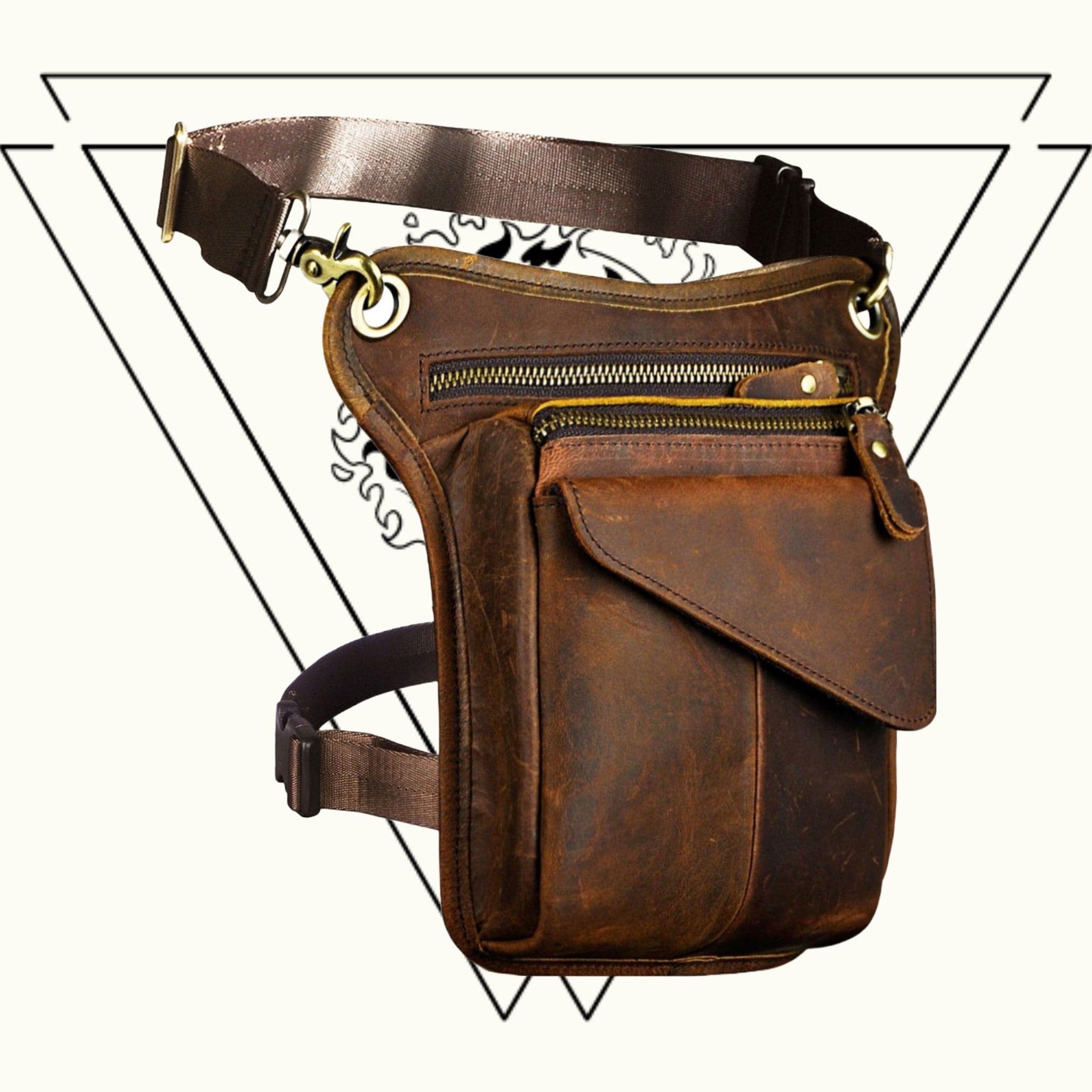 DK86 Genuine Leather Motorcycle Waist Pack Thigh Drop Leg Bag for Men and Women Vintage Brown 