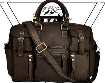 Weekend Briefcase Leather Shoulder Messenger Laptop Case Bag, Cross Body Portfolio Satchel, Work Computer Handbag for Men and Women