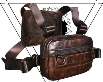 Tactical Leather Chest Rig Bag Military Vest Bikers Crossbody Sling Bag Gear Pouch Chest Pack Rig