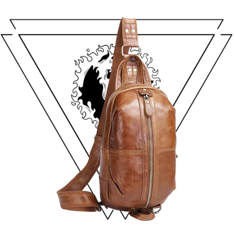 Crossbody Chest Pack, Small Leather Sling Shoulder Bag, Tactical Backpack Orange Brown