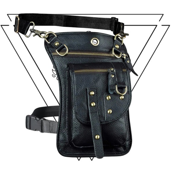 Women's Biker Leather Waist Bag with Thigh Leg Strap Converts to Cross Body Purse  Belt Fanny Pack Black 