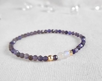 Iolite Moonstone Stretch Bracelet, 3.5mm Blue Purple White Gemstone Bead, Minimalist Delicate Dainty Simple Handmade Jewelry Gift For Women