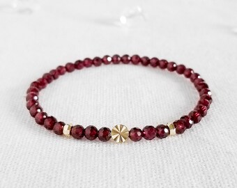 Garnet Stretch Bracelet, 4mm Faceted Red Gemstone Bead, January Birthstone, Minimalist Elegant Dainty, Handmade Jewelry Gift for Women