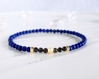 Lapis Lazuli & Black Spinel Stretch Bracelet, Simple Modern Dainty Handmade Gemstone Jewelry For Women, August September December Birthstone