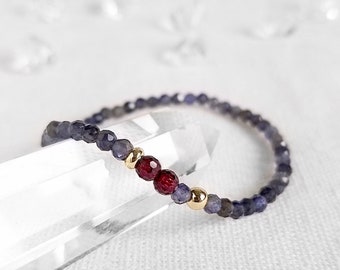 Iolite Garnet Stretch Bracelet, 3.5mm Faceted Blue Purple Gemstone Bead, Delicate Elegant Minimalist Dainty, Handmade Jewelry Gift for Women